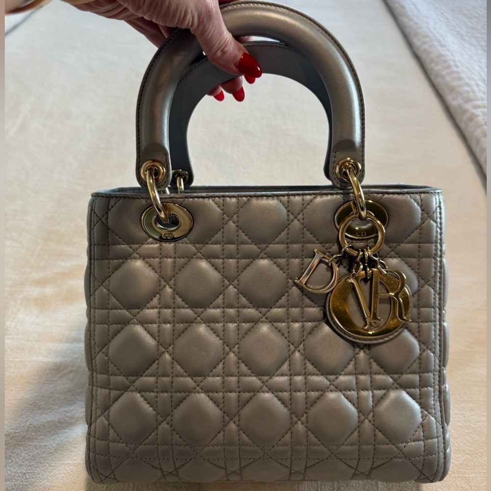 Dior LADY DIOR Medium Metallic Gray Quilted Bag - Authentic - Picture 5 of 14
